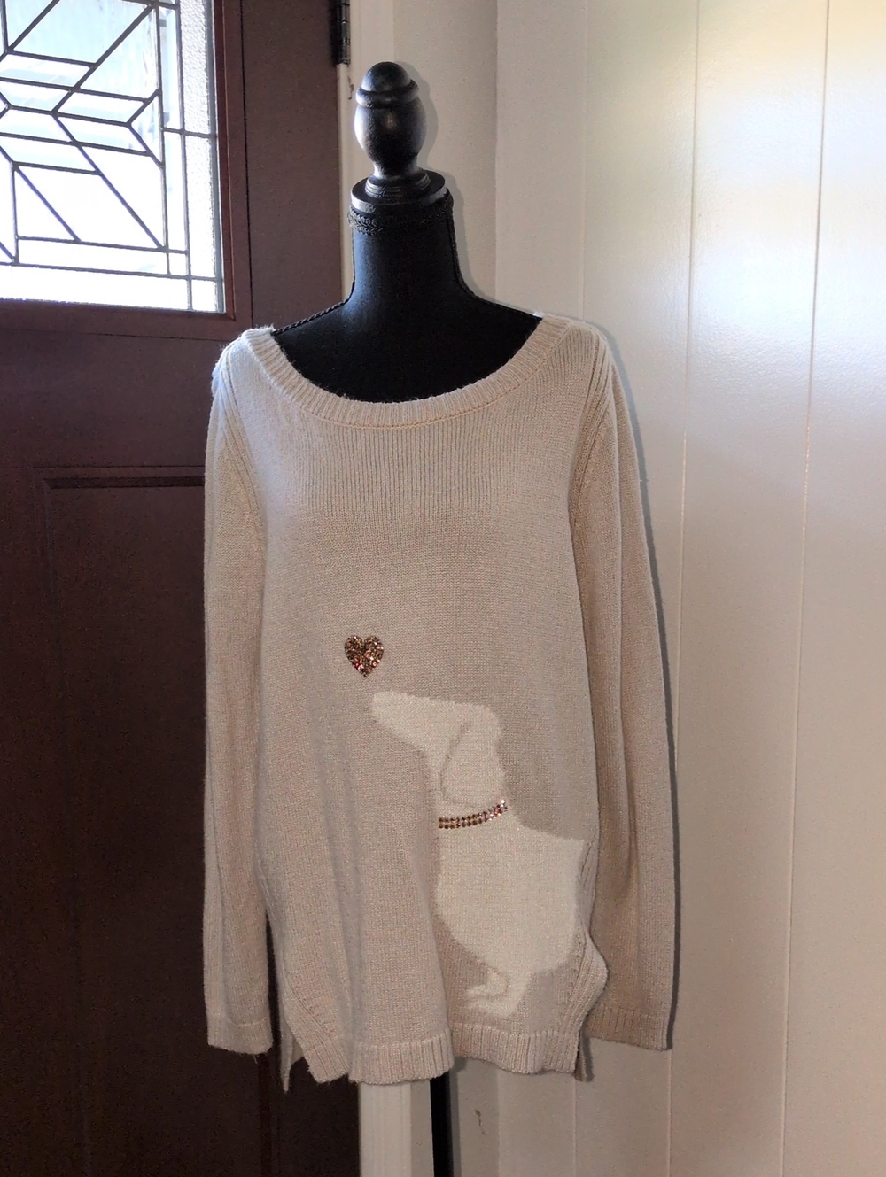 LC Lauren Conrad Light Beige Women's Sweater with Dog Motif Size L